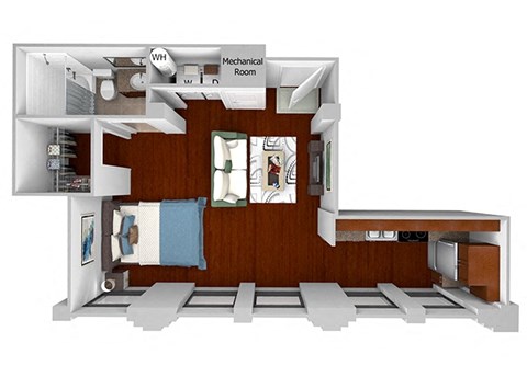 Floor plan for studio, 1 bath, 621 sqft
